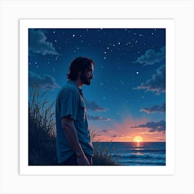 Keanu Reeves In A Peaceful Watercolor Night Scene With Glowing Stars Art Print