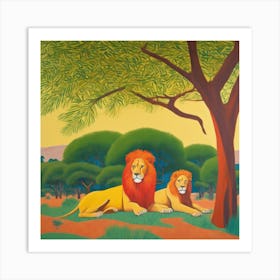 Lions Resting under Acacia Trees Series. Style of David Hockney 2 Art Print