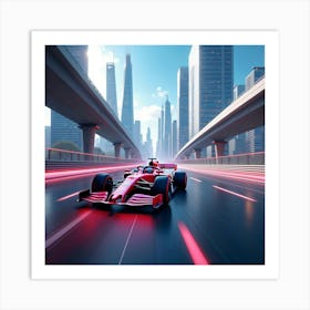 Formula Car Speeding On A Futuristic City Highway With Towering Skyscrapers 1 Art Print