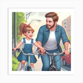 Father And Daughter Riding Bikes 1 Art Print