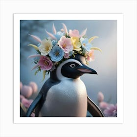 A Whimsical Penguin With A Fragrant Flower Crown (3) Art Print