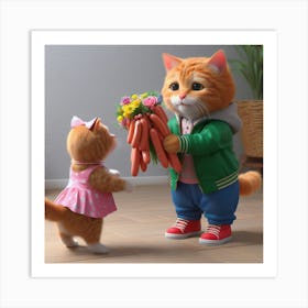 Cat And Girl Holding Carrots Art Print