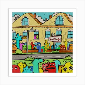 Monster town, children’s illustration, wall art Art Print