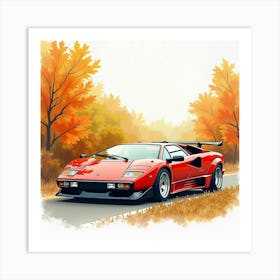 Watercolor Lamborghini Murciélago Amidst Autumn Foliage 1 1 Art Print