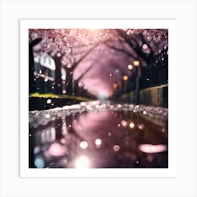 Avenue of Cherry Blossom Trees on a Rainy Evening Art Print