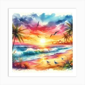 Watercolor Of A Tropical Beach 2 Art Print