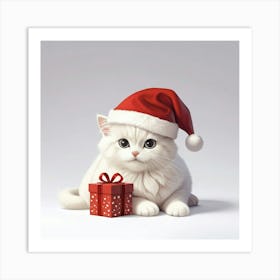 White Cat In Santa Hat 1 Art Print