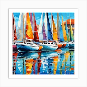 Sailboats Their Reflections Shimmering In The Clear Blue Water Art Print