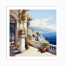 Sapphire Shores: Watercolour Elegance Along Positano's Coastline Art Print