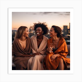 Three Friends Laughing At Sunset Art Print