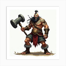 Fierce Warrior With Tribal Tattoos, Wielding A Massive War Hammer 1 Art Print