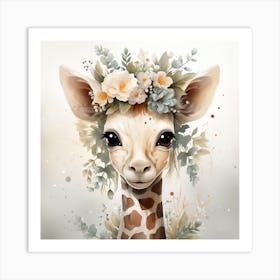 Baby Giraffe With Flowers Art Print