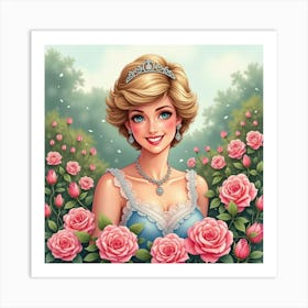 Princess Diana Smiling With A Watercolor Garden Full Of Blooming Roses Art Print