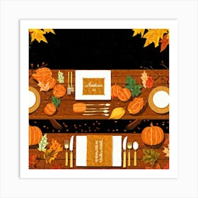 An Illustration Of A Thanksgiving Inspired Table Set Against An Autumn Nature Backdrop Showcasing A Art Print