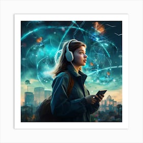 Girl With Headphones Art Print