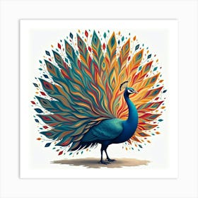 A Peacock With Feathers Turning Into A Cascade Of Colorful Abstract Shapes Art Print