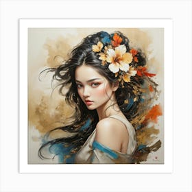 Chinese Girl With Flowers paintings art print Art Print