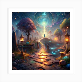 Woman Walking On A Path Leading To A Bright Light In A Mystical Forest Art Print