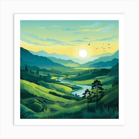 Landscape With Mountains And River Art Print