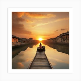 Chinese Woman In A Boat At Sunrise Art Print