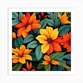 Orange And Yellow Flowers On Black Background Art Print