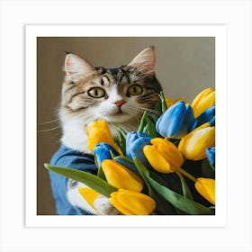 Cat Holding Tulips 1 Art Print