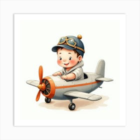 Baby Boy Wearing A Tiny Pilot Hat Sitting In A Watercolor Airplane Art Print