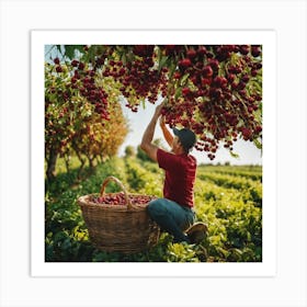 Cherry Picking In The Orchard Art Print