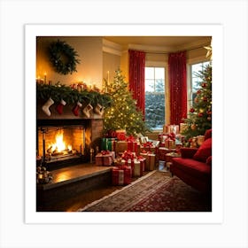 A Convivial Christmas Scene A Roaring Hearth Fireplace Illuminating The Room A Lush Evergreen Chri (1) Art Print