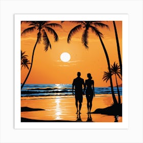 Couple On The Beach At Sunset Art Print