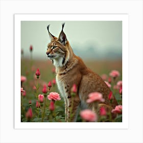 Lynx In A Field Of Wild Roses 1 Art Print