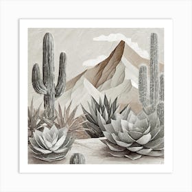 Firefly Modern Abstract Beautiful Lush Cactus And Succulent Garden In Neutral Muted Colors Of Tan, G (25) Art Print
