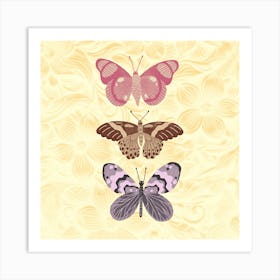 Three Butterflies On A Yellow Background Art Print