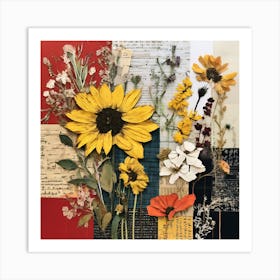 Sunflowers, Eclectic collage with vibrant dried flowers and textured backgrounds of fabric swatches, handwritten notes, and sheet music Art Print