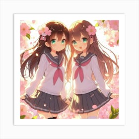 Two Anime Girls In Cherry Blossoms Art Print