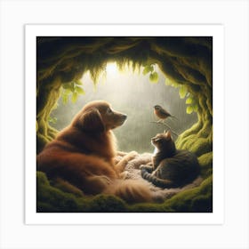 Cat And Dog In A Cave Art Print