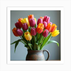 A Bunch Of Colorful Tulips Arranged In A Rustic Vase 3 Art Print