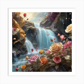 Waterfall With Roses 3 Art Print