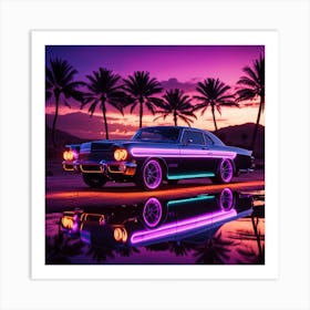 Neon Car At Sunset Art Print