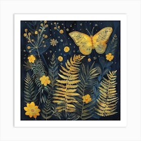 Ferns And Butterflies - Yellow Art Print