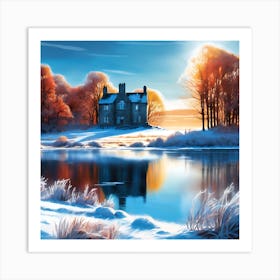 Lake House in Winter Snow Art Print