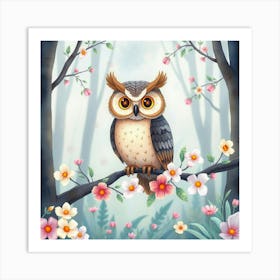 A Whimsical Owl With Glowing Eyes, Perched On A Branch Of Pastel Flowers In A Watercolor Forest Art Print