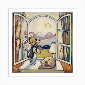 Matisse open window Vibrant Fauvism Artwork Featuring Relaxing Cat with outside landscape Poster