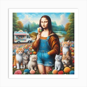 Mona Lisa Eating Ice Cream in the Park with Cats Art Print