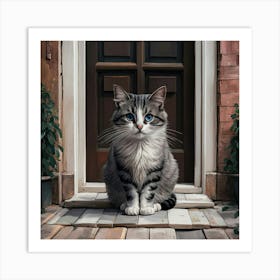 A Cat With Blue Eyes Sitting In Front Of The Door Art Print