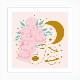 Celestial Woman And Golden Moon Square Art Print
