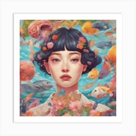 Asian Girl With Fish Art Print