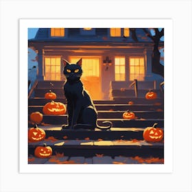 Halloween Cat In Front Of House 4 Art Print