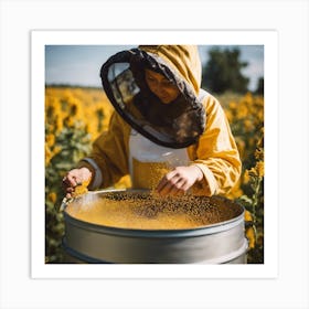 Beekeeper In A Sunflower Field Art Print