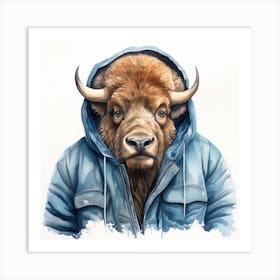 Watercolour Cartoon Bison In A Hoodie Art Print